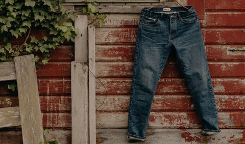 editorial image of The Slim Jean in Mid Wash Organic Selvedge
