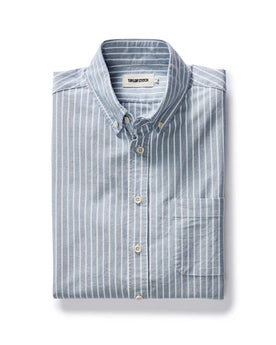 folded flatlay of The Jack in Blue Sky Stripe Oxford, Wovens by Taylor Stitch