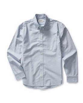 flatlay of The Jack in Blue Sky Stripe Oxford, Wovens by Taylor Stitch