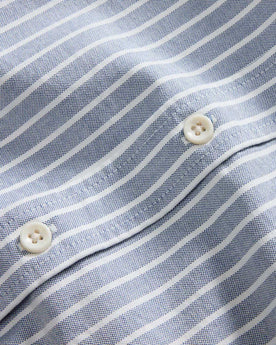 material shot of the buttons on The Jack in Blue Sky Stripe Oxford, Wovens by Taylor Stitch