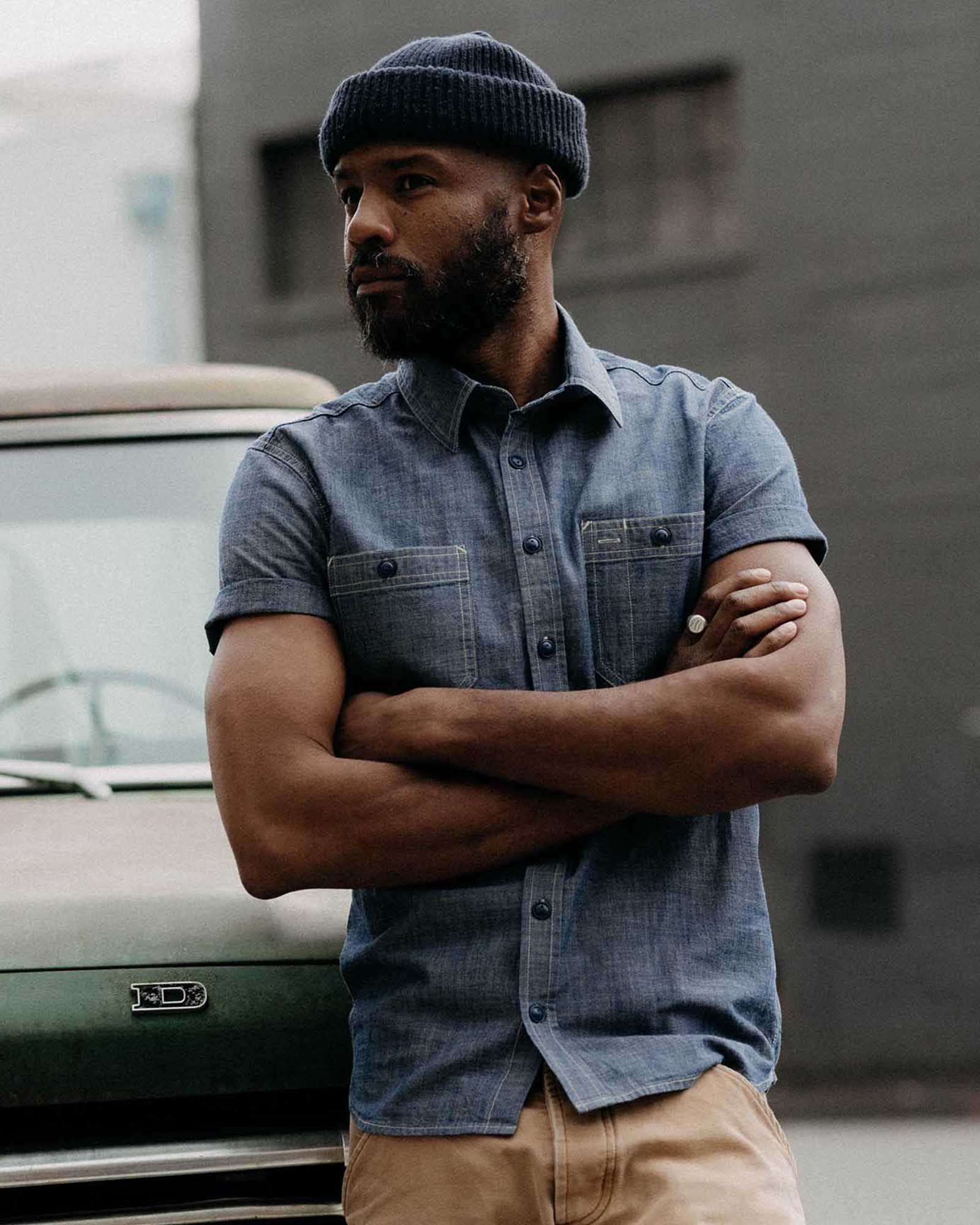 The Short Sleeve Utility Shirt in Indigo Selvedge Chambray