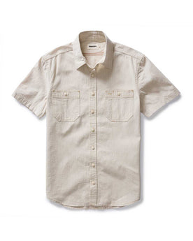 flatlay of The Short Sleeve Utility Shirt in Natural Selvedge Chambray, Wovens by Taylor Stitch