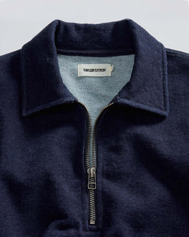 material shot of the collar on The Apres Quarter Zip in Rinsed Indigo Terry, Knits by Taylor Stitch