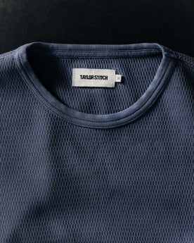 editorial image of the collar on The Organic Cotton Crew in Washed Blue Waffle, Knits by Taylor Stitch