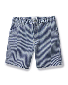 flatlay of The Camp Short in Indigo Railroad Stripe Denim, Bottoms by Taylor Stitch