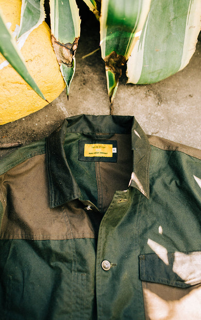 The Task
              Jacket in Waxed Khaki and Olive Patchwork