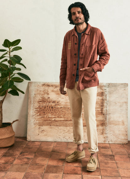 Model wearing The Embroidered Ojai Jacket with The Cotton Hemp Tee and The Democratic All Day Pant in Dune Canvas