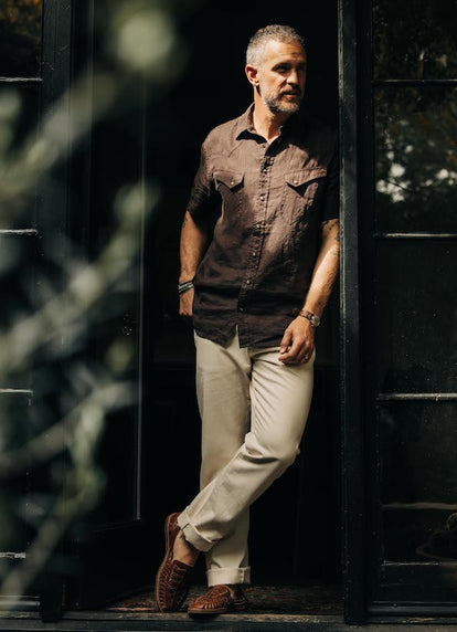 Model wearing The Short Sleeve Western in Morita Stripe with The Slim Jean in Natural Selvage