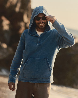 fit model showing off The Baja Pullover in Washed Indigo Terry