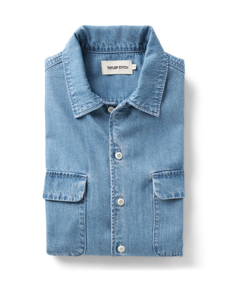 folded flatlay of The Shore Shirt in Washed Indigo Twill