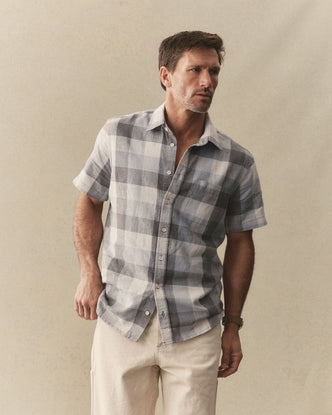 fit model showing off The Short Sleeve California in Overcast Check Hemp
