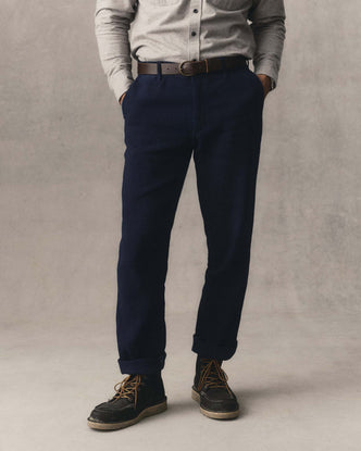 fit model posing in The Camden Pant in Rinsed Indigo Sashiko