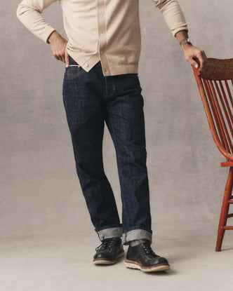 fit model posing in The Democratic Jean in Rinsed Organic Selvedge