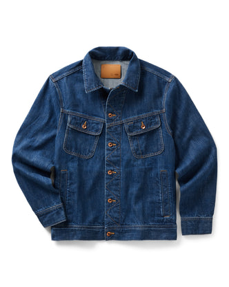 flatlay of The Long Haul Jacket in Mid Wash Organic Selvedge