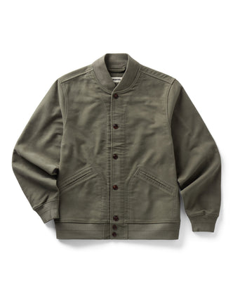 flatlay of The Clark Bomber in Smoked Olive Moleskin
