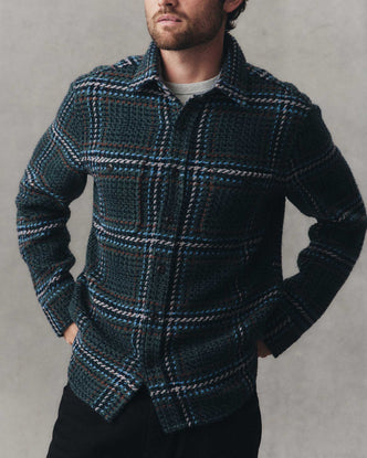 fit model showing off The Cutter Overshirt in Canal Check