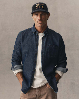 fit model showing off The Jack in Rinsed Indigo Japanese Jacquard Dot