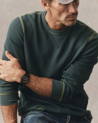 fit model posing in The Organic Cotton Crew in Dark Forest Waffle