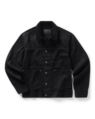 flatlay of The Ryder Jacket in Rinsed Black Organic Selvedge