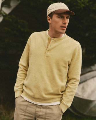 fit model showing off The Sunset Henley in Washed Goldfinch Terry