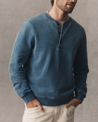 fit model showing off The Sunset Henley in Washed Indigo Terry