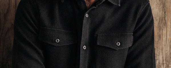 Model wearing The Point Shirt in Sashiko