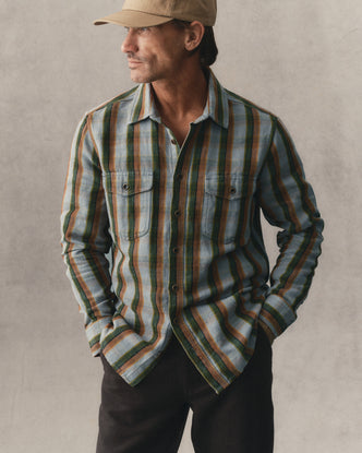 fit model showing off The Redding Shirt in Drizzle Check Hemp