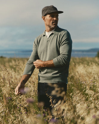 fit model showing off The Long Sleeve Valencia Sweater Polo in Olive