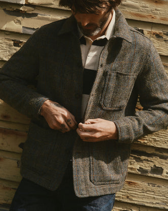 fit model showing off The Ojai Jacket in Rust Check Harris Tweed Wool