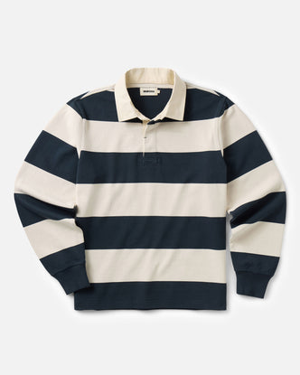 flatlay of The Rugby Shirt in Navy Stripe