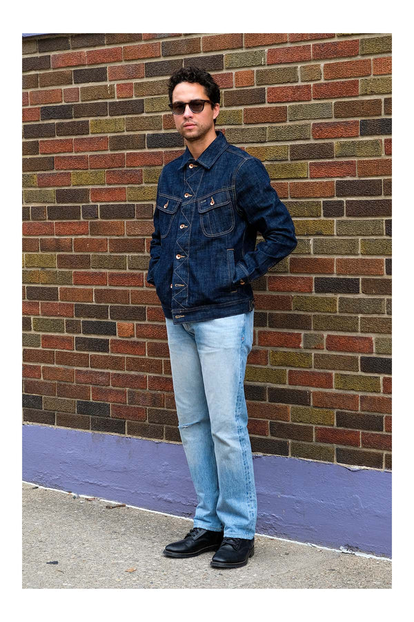 fit model showing off The Long Haul Jacket in Rinsed Organic Selvedge