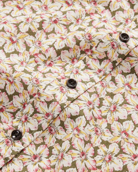 material shot of the dark buttons on The Short Sleeve California in Coastal Flora, Wovens by Taylor Stitch