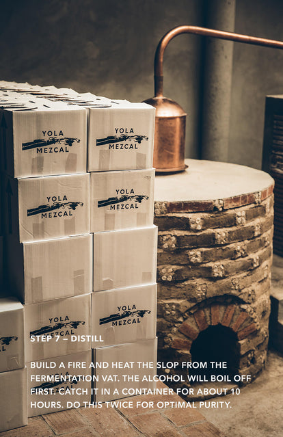 Step 7: Distill - several boxes of Yola Mezcal stacked up next to a brick oven.