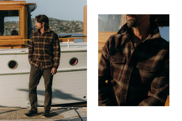 fit model posing in The Maritime Shirt Jacket in Burgundy Plaid Wool