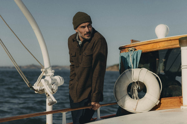 fit model posing in The Maritime Shirt Jacket in Ranger Twill Wool