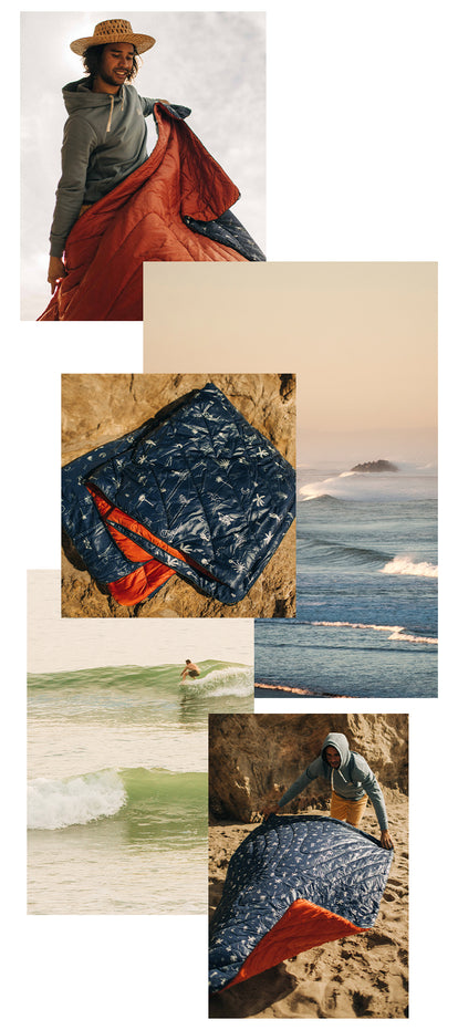 collage showing Rumpl blanket by the beach