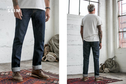 Split shot showing our guy from the front and back, in slim fit selvage jeans and a plain white tee.