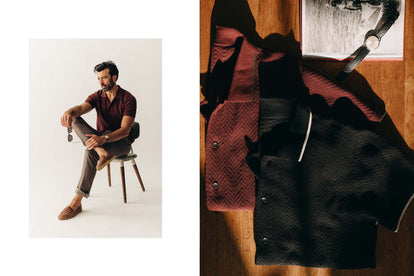 Fit model sitting wearing The Button Down Polo in Dried Cherry Herringbone