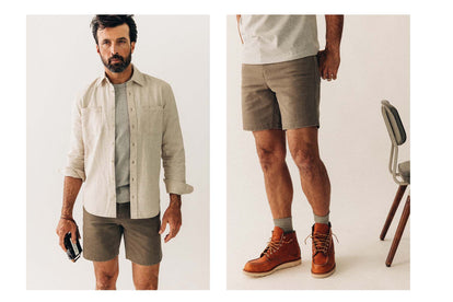fit model showing off the Camp Short in Stone Chipped Canvas
