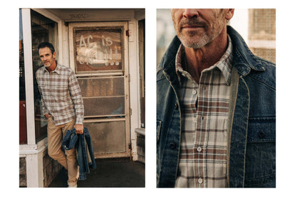 Model wearing The Ledge Flannel with chinos and a denim jacket