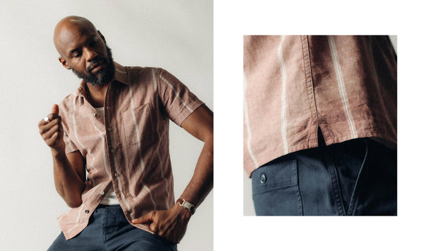 fit model posing in The Hawthorne in Dried Fig Stripe