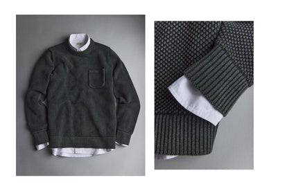 flatlay of The Crawford Crewneck Sweater in Washed Asphalt layered over The Jack in White Everyday Oxford