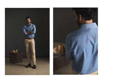 fit model posing in the Jack in Chambray