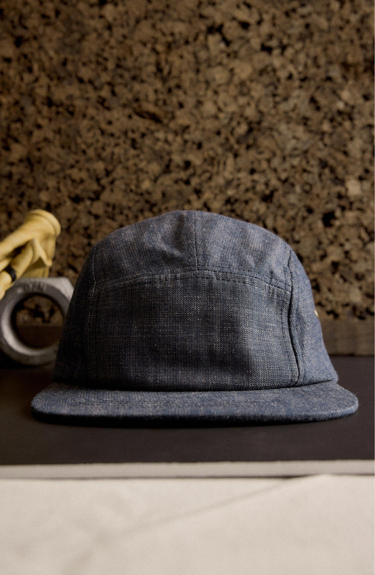 editorial image of the front of The 5-Panel Cap in Washed Indigo