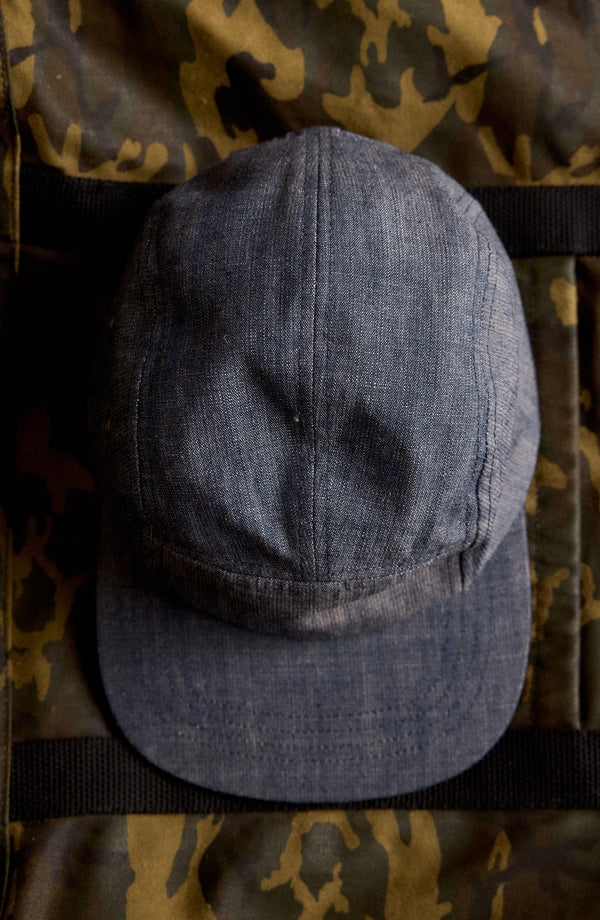 editorial image of the top of The 5-Panel Cap in Washed Indigo