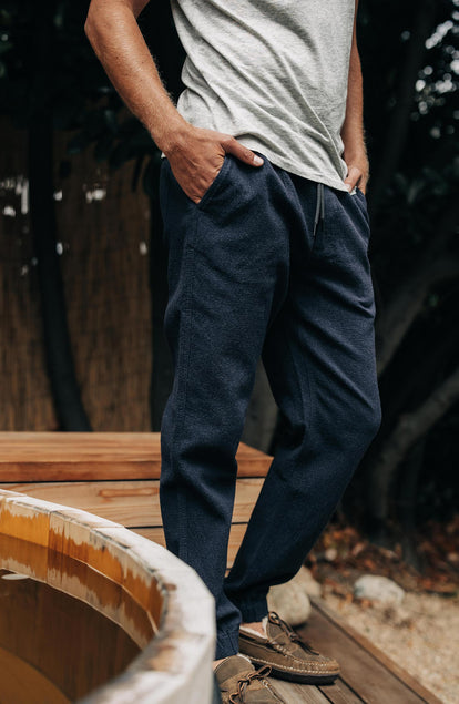 our fit model wearing the apres pants, cropped shot with text on the right
