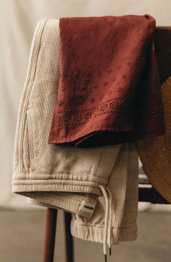 Editorial Panel: The Apres Pant in Natural Sashiko, Bottoms by Taylor Stitch