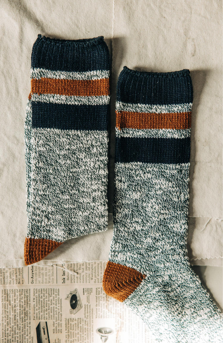 Editorial Panel: The Camp Sock in Heather Olive, Accessories by Taylor Stitch