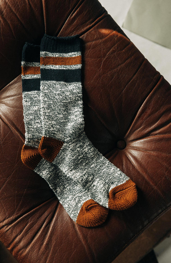 Editorial Panel: The Camp Sock in Heather Olive, Accessories by Taylor Stitch