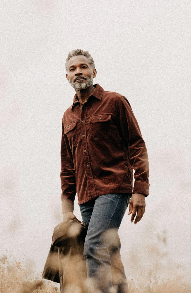 Our model wearing The Connor Shirt in Burgundy Cord